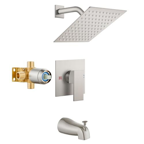 Airuida Shower Faucet Set with 8 Inch Rainfall Square Showerhead and Tub Spout Bathtub Faucet Kit Shower Tub Faucet Set Complete Tub Shower Trim Kit with Solid Brass Rough-in Valve Matte Black