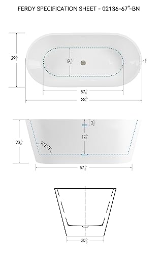 FerdY Shangri-La 67" Acrylic Freestanding Bathtub, Classic Oval Shape Acrylic Soaking Bathtub with Brushed Nickel Drain & Minimalist Linear Design Overflow, Modern White, cUPC Certified