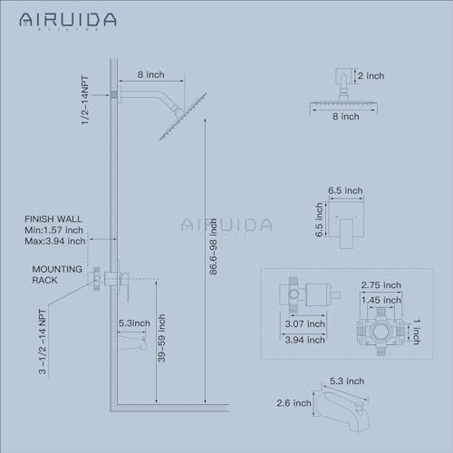 Airuida Shower Faucet Set with 8 Inch Rainfall Square Showerhead and Tub Spout Bathtub Faucet Kit Shower Tub Faucet Set Complete Tub Shower Trim Kit with Solid Brass Rough-in Valve Matte Black