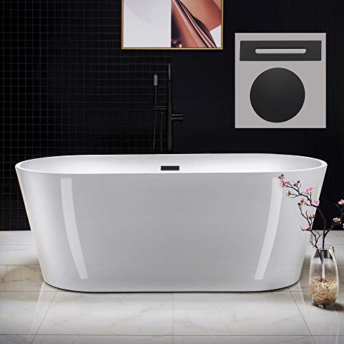 WOODBRIDGE 67" Acrylic Freestanding Bathtub Contemporary Soaking Tub, White Acrylic (Matte Black Drain/Overflow), B0013-MB-Drain &O