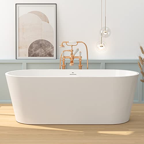 FerdY Shangri-La 67" Acrylic Freestanding Bathtub, Classic Oval Shape Acrylic Soaking Bathtub with Brushed Nickel Drain & Minimalist Linear Design Overflow, Modern White, cUPC Certified