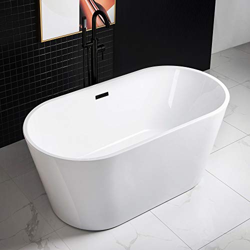 WOODBRIDGE 67" Acrylic Freestanding Bathtub Contemporary Soaking Tub, White Acrylic (Matte Black Drain/Overflow), B0013-MB-Drain &O