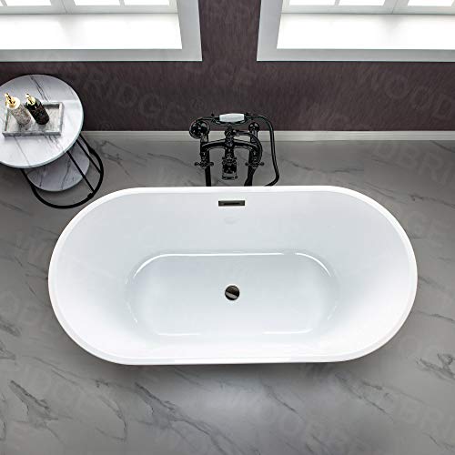 WOODBRIDGE 59"Freestanding White Acylic Soaking Bathtub with Brushed Gold Drain and Overflow,B1536-BG