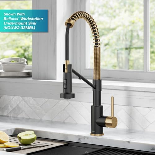 KRAUS Bolden Commercial Style Pull-Down Single Handle 18-Inch Kitchen Faucet in Brushed Brass/Matte Black, KPF-1610BBMB