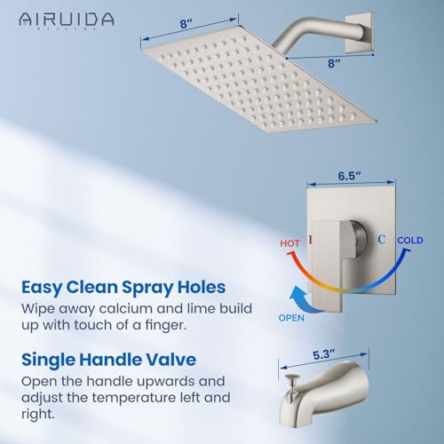 Airuida Shower Faucet Set with 8 Inch Rainfall Square Showerhead and Tub Spout Bathtub Faucet Kit Shower Tub Faucet Set Complete Tub Shower Trim Kit with Solid Brass Rough-in Valve Matte Black