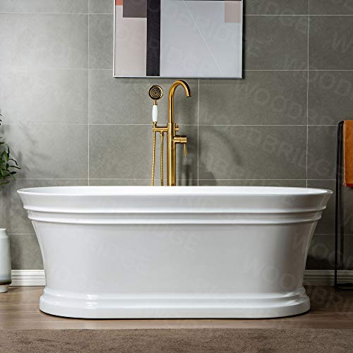 WOODBRIDGE 59"Freestanding White Acylic Soaking Bathtub with Brushed Gold Drain and Overflow,B1536-BG