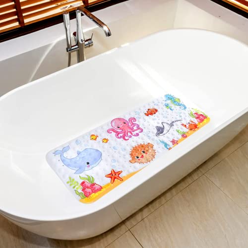 Secopad Baby Bath Mat for Tub for Kids, 40 X 16 Inch Non Slip Cartoon Bath Tub Shower Mat Anti Slip with Drain Holes and Suction Cups Machine Washable, Turtle