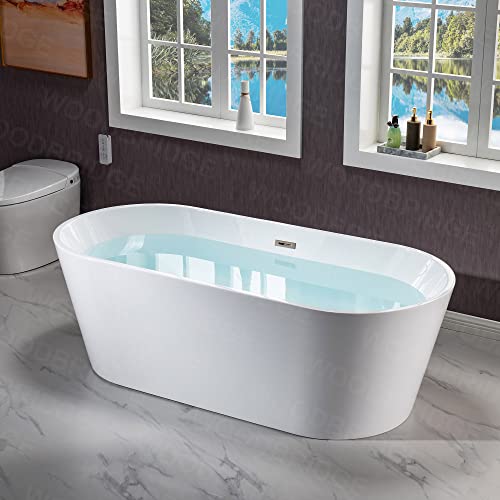 WOODBRIDGE 67" Acrylic Freestanding Bathtub Contemporary Soaking Tub, White Acrylic (Matte Black Drain/Overflow), B0013-MB-Drain &O