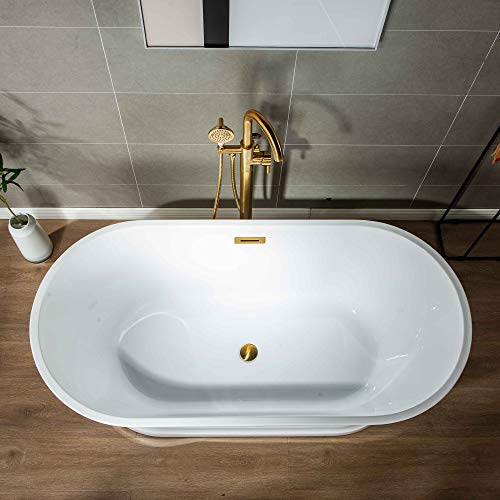 WOODBRIDGE 59"Freestanding White Acylic Soaking Bathtub with Brushed Gold Drain and Overflow,B1536-BG