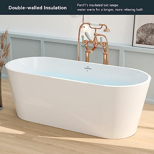 FerdY Shangri-La 67" Acrylic Freestanding Bathtub, Classic Oval Shape Acrylic Soaking Bathtub with Brushed Nickel Drain & Minimalist Linear Design Overflow, Modern White, cUPC Certified