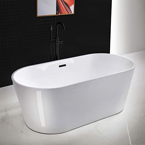 WOODBRIDGE 67" Acrylic Freestanding Bathtub Contemporary Soaking Tub, White Acrylic (Matte Black Drain/Overflow), B0013-MB-Drain &O