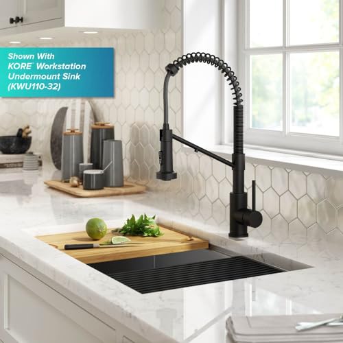 KRAUS Bolden Commercial Style Pull-Down Single Handle 18-Inch Kitchen Faucet in Brushed Brass/Matte Black, KPF-1610BBMB