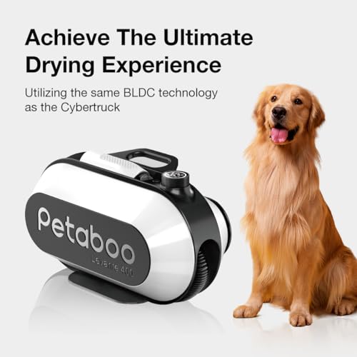 petaboo Dog Dryer for Pet Grooming, High-Velocity Force Blow Dryer, Super Quiet Dog Hair Dryer with 3 Nozzles & Adjustable Speed & 3 Temperature for Dog & Cat