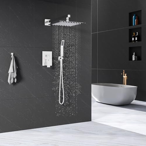 SR SUN RISE Shower Faucet Set Bathroom Square Rain Shower Head with Handheld Spray Wall Mounted Rainfall Shower Fixtures Brushed Nickel Shower Faucet Trim Repair Kits (Contain Shower Valve)