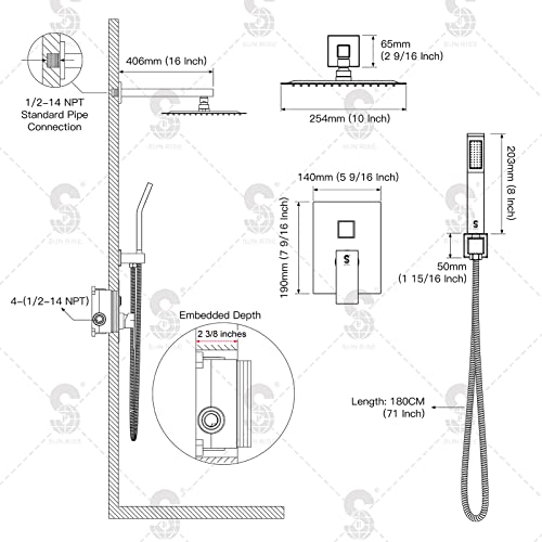 SR SUN RISE Shower Faucet Set Bathroom Square Rain Shower Head with Handheld Spray Wall Mounted Rainfall Shower Fixtures Brushed Nickel Shower Faucet Trim Repair Kits (Contain Shower Valve)