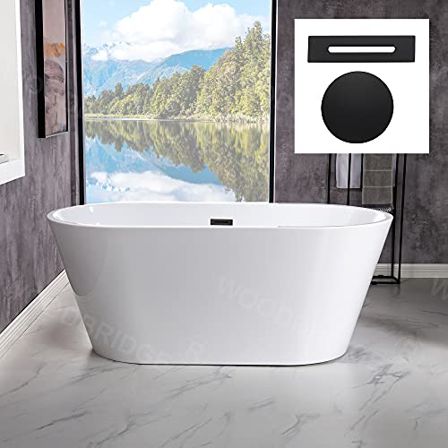 WOODBRIDGE 67" Acrylic Freestanding Bathtub Contemporary Soaking Tub, White Acrylic (Matte Black Drain/Overflow), B0013-MB-Drain &O