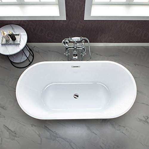 WOODBRIDGE 59"Freestanding White Acylic Soaking Bathtub with Brushed Gold Drain and Overflow,B1536-BG