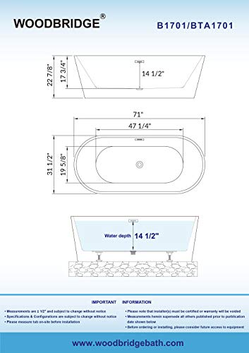 WOODBRIDGE 67" Acrylic Freestanding Bathtub Contemporary Soaking Tub, White Acrylic (Matte Black Drain/Overflow), B0013-MB-Drain &O