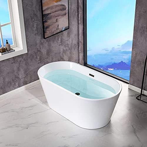 WOODBRIDGE 67" Acrylic Freestanding Bathtub Contemporary Soaking Tub, White Acrylic (Matte Black Drain/Overflow), B0013-MB-Drain &O