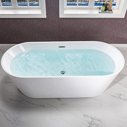 WOODBRIDGE 67" Acrylic Freestanding Bathtub Contemporary Soaking Tub, White Acrylic (Matte Black Drain/Overflow), B0013-MB-Drain &O