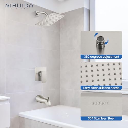 Airuida Shower Faucet Set with 8 Inch Rainfall Square Showerhead and Tub Spout Bathtub Faucet Kit Shower Tub Faucet Set Complete Tub Shower Trim Kit with Solid Brass Rough-in Valve Matte Black