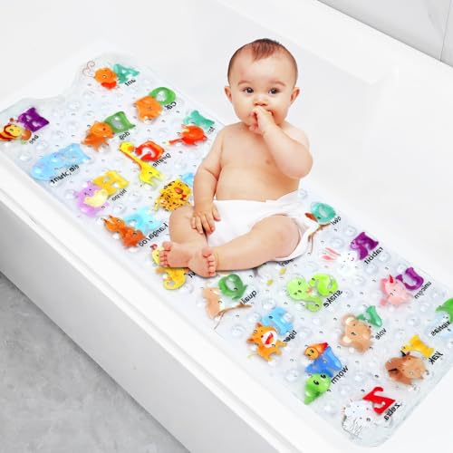 Secopad Baby Bath Mat for Tub for Kids, 40 X 16 Inch Non Slip Cartoon Bath Tub Shower Mat Anti Slip with Drain Holes and Suction Cups Machine Washable, Turtle