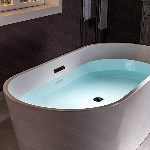 WOODBRIDGE 67" Acrylic Freestanding Bathtub Contemporary Soaking Tub, White Acrylic (Matte Black Drain/Overflow), B0013-MB-Drain &O