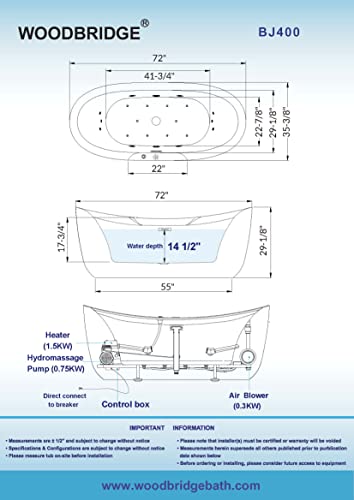 WOODBRIDGE 72" x 35-3/8" Whirlpool Water Jetted and Air Bubble Freestanding Heated Soaking Combination Bathtub with LED control panel,BJ-400