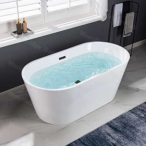 WOODBRIDGE 67" Acrylic Freestanding Bathtub Contemporary Soaking Tub, White Acrylic (Matte Black Drain/Overflow), B0013-MB-Drain &O