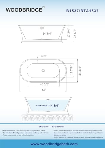 WOODBRIDGE 59"Freestanding White Acylic Soaking Bathtub with Brushed Gold Drain and Overflow,B1536-BG