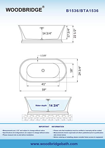 WOODBRIDGE 59"Freestanding White Acylic Soaking Bathtub with Brushed Gold Drain and Overflow,B1536-BG