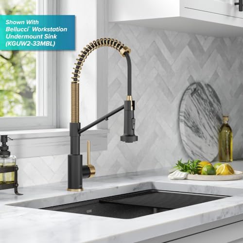 KRAUS Bolden Commercial Style Pull-Down Single Handle 18-Inch Kitchen Faucet in Brushed Brass/Matte Black, KPF-1610BBMB