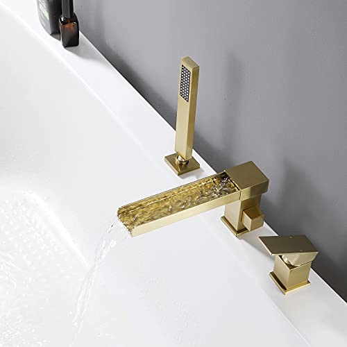 TapLong Waterfall Roman Tub Faucet with Hand Shower, Deck Mount 3 Hole Bathtub Faucet Set High Flow Bath Tub Faucet Set Deck Mount Solid Brass, Matte Black,03766B