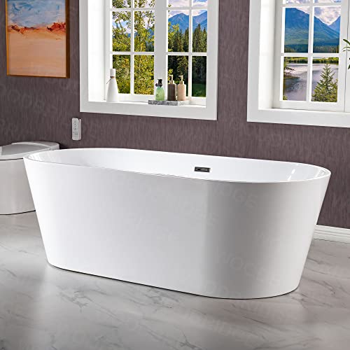 WOODBRIDGE 67" Acrylic Freestanding Bathtub Contemporary Soaking Tub, White Acrylic (Matte Black Drain/Overflow), B0013-MB-Drain &O