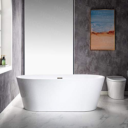 WOODBRIDGE 67" Acrylic Freestanding Bathtub Contemporary Soaking Tub, White Acrylic (Matte Black Drain/Overflow), B0013-MB-Drain &O