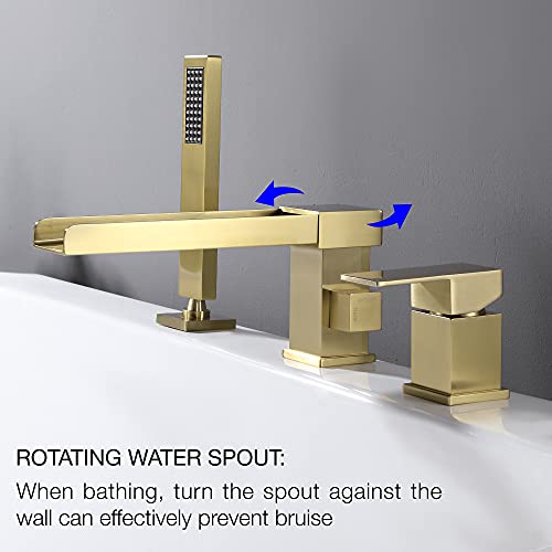 TapLong Waterfall Roman Tub Faucet with Hand Shower, Deck Mount 3 Hole Bathtub Faucet Set High Flow Bath Tub Faucet Set Deck Mount Solid Brass, Matte Black,03766B