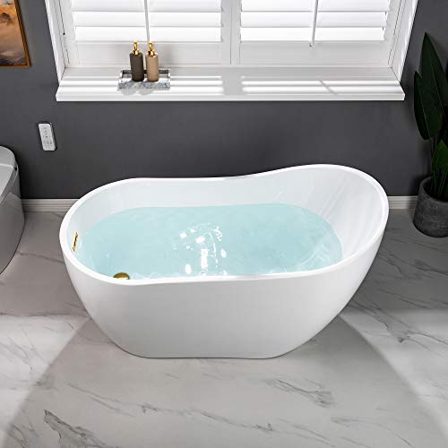 WOODBRIDGE Acrylic Freestanding Contemporary Soaking Tub with Brushed Nickel Overflow and Drain, B-0006 / BTA1507, 54" Bathtub White