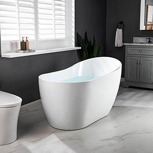 WOODBRIDGE Acrylic Freestanding Contemporary Soaking Tub with Brushed Nickel Overflow and Drain, B-0006 / BTA1507, 54" Bathtub White