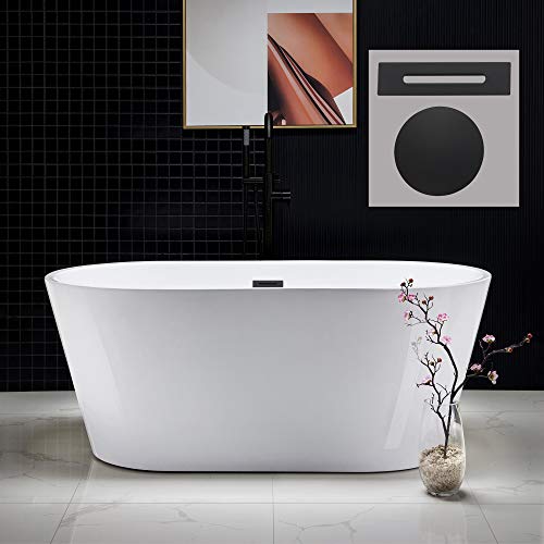 WOODBRIDGE 67" Acrylic Freestanding Bathtub Contemporary Soaking Tub, White Acrylic (Matte Black Drain/Overflow), B0013-MB-Drain &O