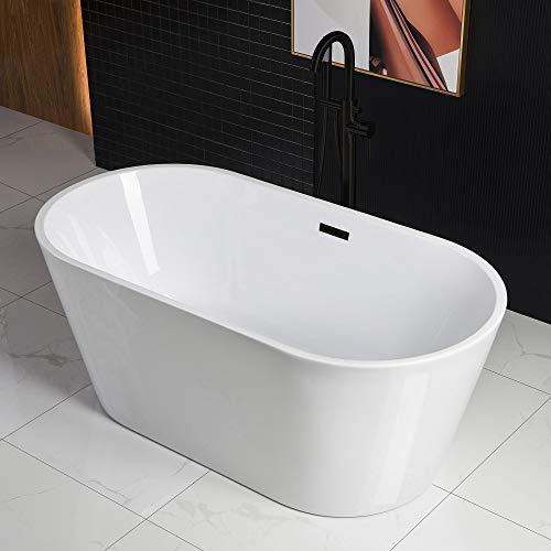 WOODBRIDGE 67" Acrylic Freestanding Bathtub Contemporary Soaking Tub, White Acrylic (Matte Black Drain/Overflow), B0013-MB-Drain &O