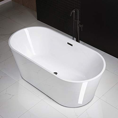 WOODBRIDGE 67" Acrylic Freestanding Bathtub Contemporary Soaking Tub, White Acrylic (Matte Black Drain/Overflow), B0013-MB-Drain &O