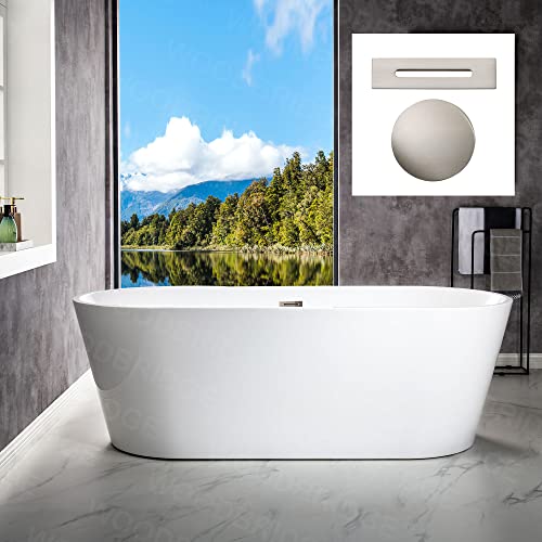 WOODBRIDGE 67" Acrylic Freestanding Bathtub Contemporary Soaking Tub, White Acrylic (Matte Black Drain/Overflow), B0013-MB-Drain &O