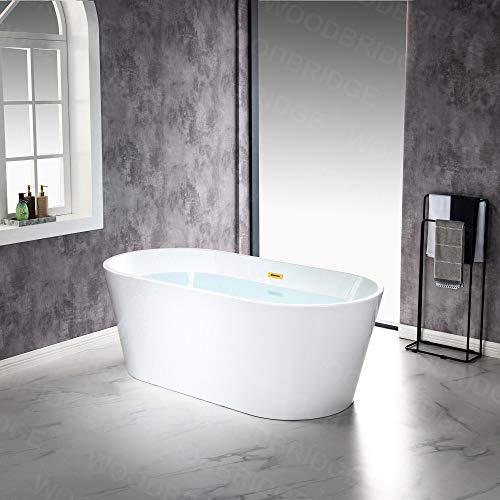 WOODBRIDGE 67" Acrylic Freestanding Bathtub Contemporary Soaking Tub, White Acrylic (Matte Black Drain/Overflow), B0013-MB-Drain &O