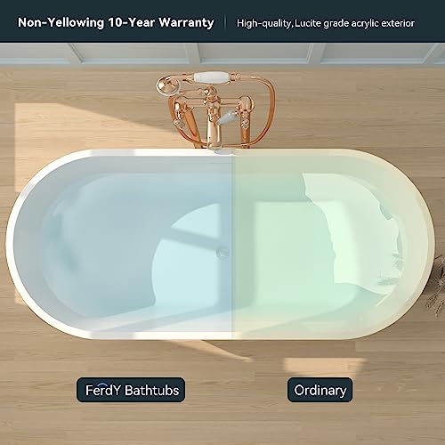 FerdY Shangri-La 67" Acrylic Freestanding Bathtub, Classic Oval Shape Acrylic Soaking Bathtub with Brushed Nickel Drain & Minimalist Linear Design Overflow, Modern White, cUPC Certified