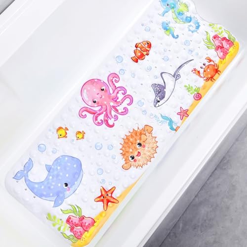 Secopad Baby Bath Mat for Tub for Kids, 40 X 16 Inch Non Slip Cartoon Bath Tub Shower Mat Anti Slip with Drain Holes and Suction Cups Machine Washable, Turtle