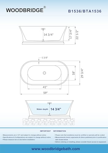 WOODBRIDGE 59"Freestanding White Acylic Soaking Bathtub with Brushed Gold Drain and Overflow,B1536-BG