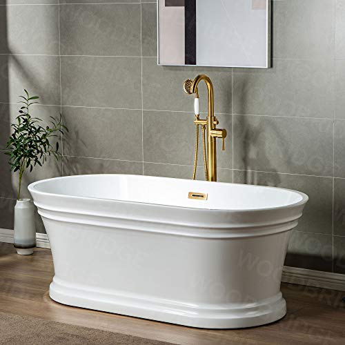 WOODBRIDGE 59"Freestanding White Acylic Soaking Bathtub with Brushed Gold Drain and Overflow,B1536-BG