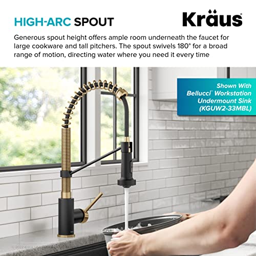 KRAUS Bolden Commercial Style Pull-Down Single Handle 18-Inch Kitchen Faucet in Brushed Brass/Matte Black, KPF-1610BBMB