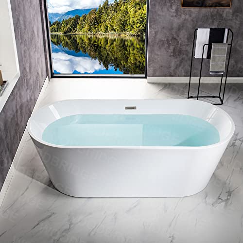 WOODBRIDGE 67" Acrylic Freestanding Bathtub Contemporary Soaking Tub, White Acrylic (Matte Black Drain/Overflow), B0013-MB-Drain &O