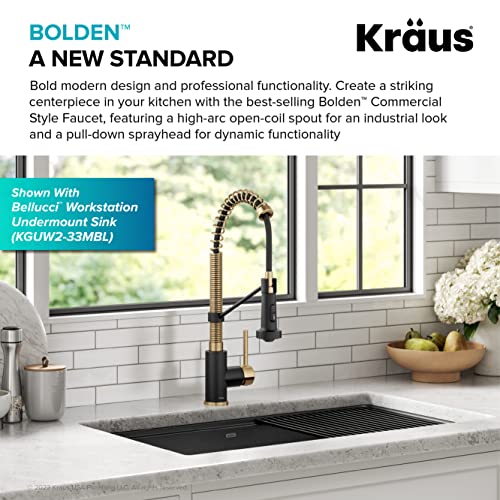 KRAUS Bolden Commercial Style Pull-Down Single Handle 18-Inch Kitchen Faucet in Brushed Brass/Matte Black, KPF-1610BBMB